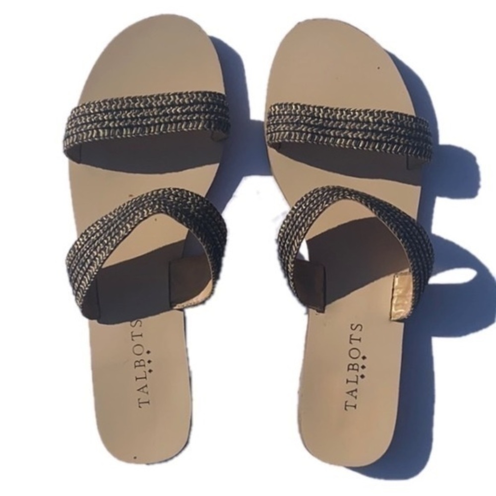 Talbots double strap slip on sandals tan/black size 6